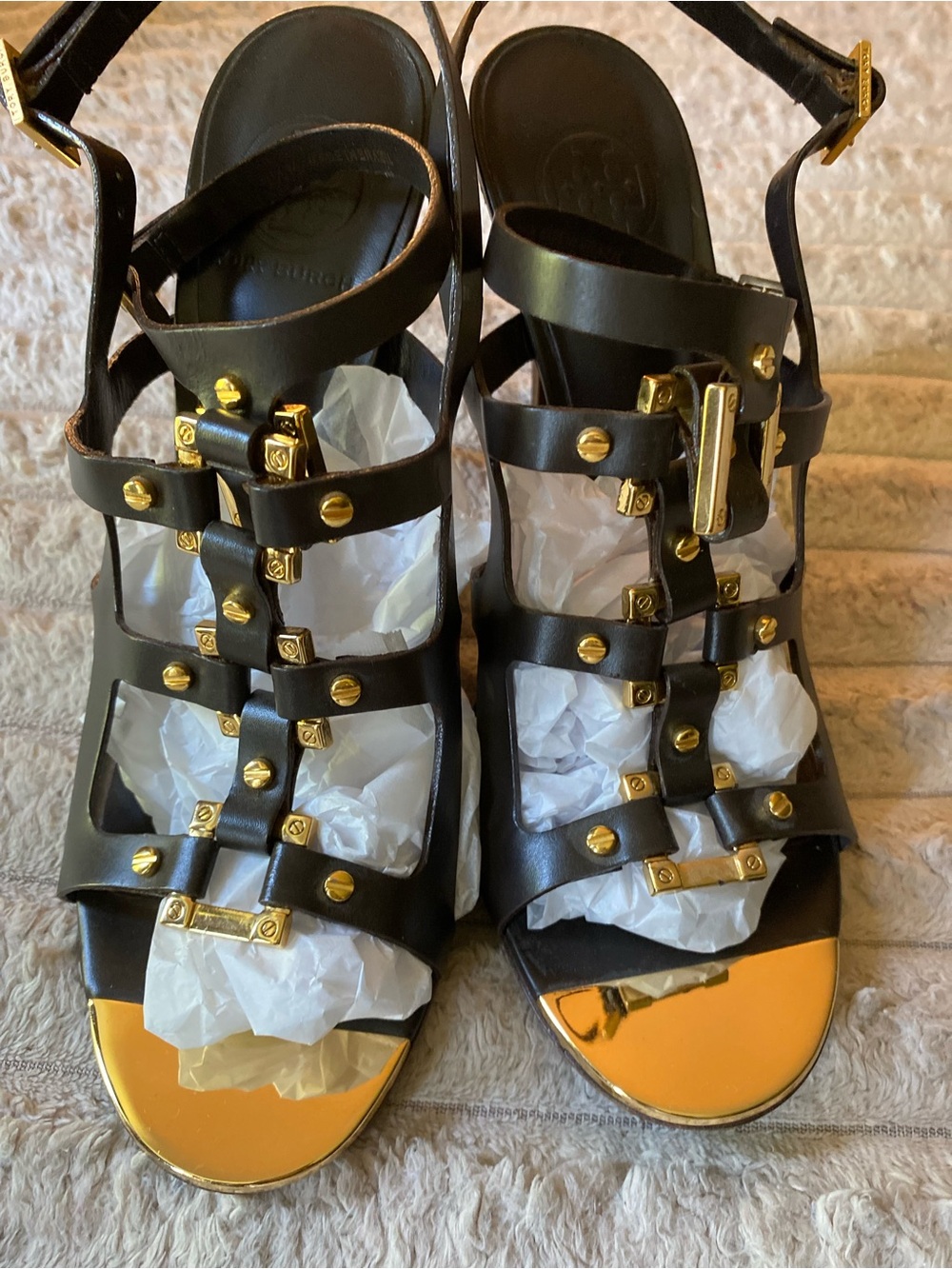 Tory Burch Black Leather Strappy Heels with Gold Hardware - Picture 3 of 6